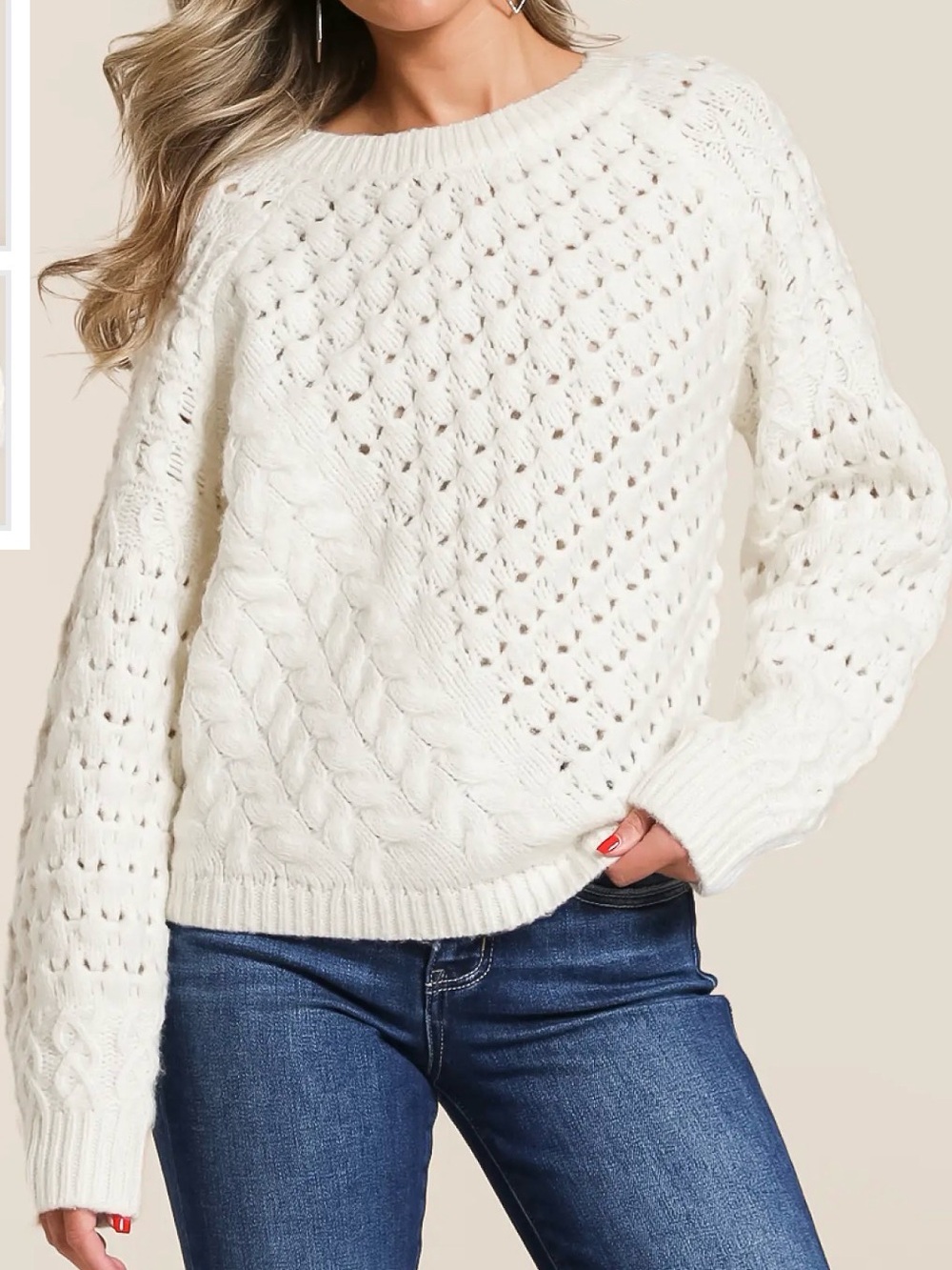 Willow & Root white mixed stitch, asymmetric diagonal cable knit sweater.